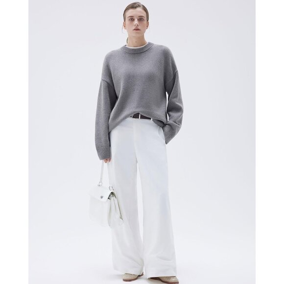 Women Cashmere Blend Oversized Crew Neck Cocoa Brown Soft Warm Pullover Sweater - Picture 5 of 6